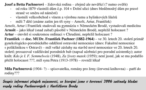 Soupis informac plnch nejasnost, se kterm jsme v ervenci 2006 zanaly hledat osudy rodiny Pachnerovch z Havlkova Brodu